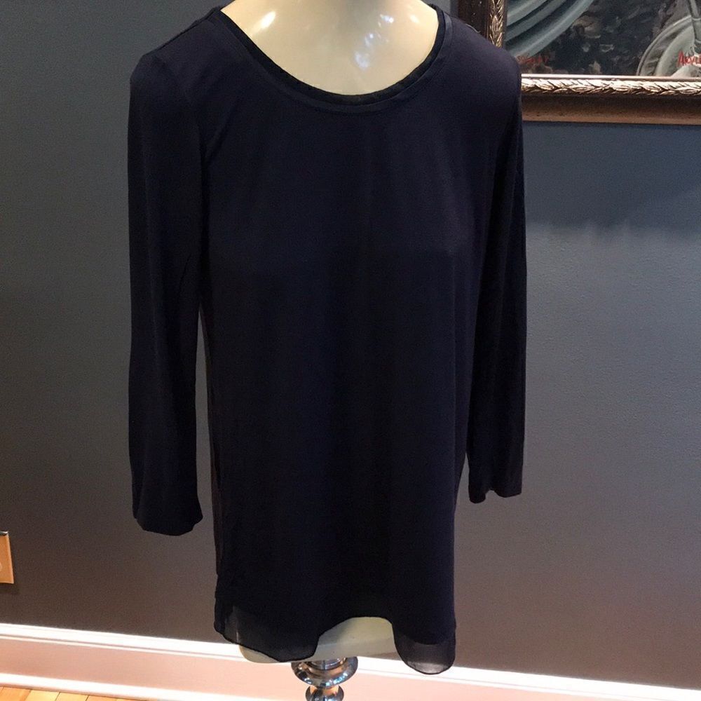 Marled navy sheer hem/silky neckline long sleeve T